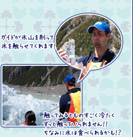 ガイドが氷山を削って氷を触らせてくれます！